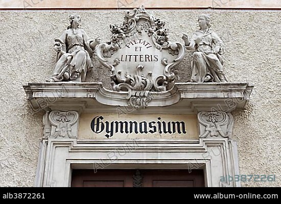 Baroque portal with writing, Gymnasium, Bundesgymnasium, Josefstadt, Vienna, Austria, Europe.