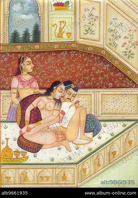 Man having sex with two woman, depicting an erotic scene, love scene, sex, in a 19th century edition of the Kama Sutra, textbooks on eroticism, India, Arabia, Historical, digitally restored reproduction of an original from the period, Asia.