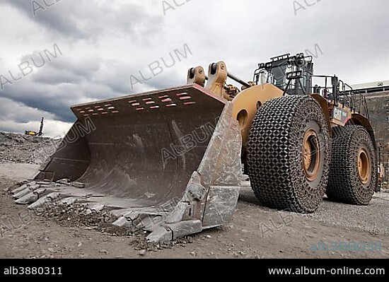 Caterpillar 994F front end loader in the Aitik copper mine of Boliden AB, about 20 km southeast of the town of Gaellivare in northern Sweden, one of the largest open pit copper mines in Europe, in addition to copper, gold and silver, Molybdenum has been mined since 2008, Aitik, Lapland, Sweden, Europe.