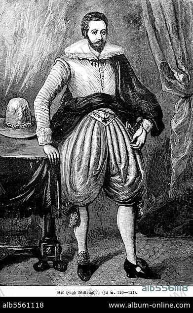 Sir Hugh Willoughby, portrait, England, 16th century, Arctic, explorer, discoverer, famous, wealthy, robe, noble, furniture, historical illustration 1885.