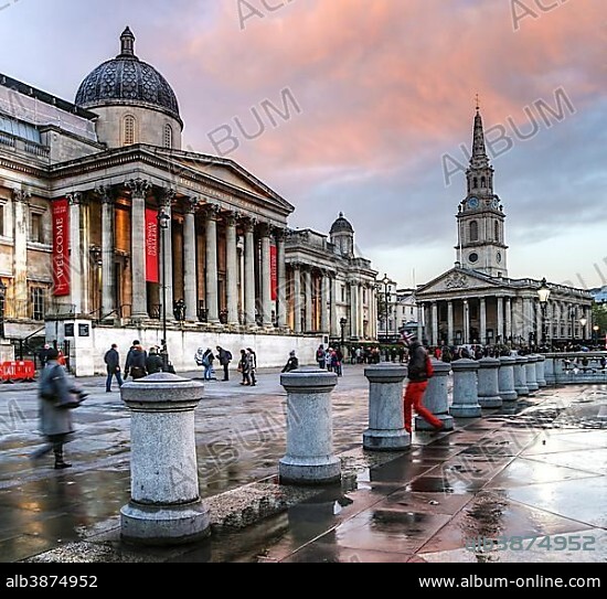 The National Gallery and the church of St. Martin-in-the-Fields, Trafalgar Square, London, England, United Kingdom, Europe.