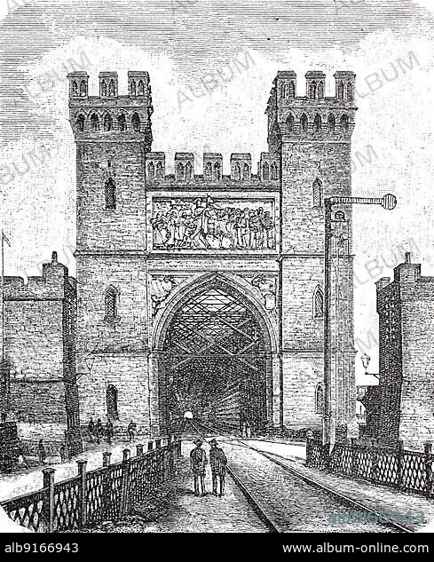 Portal of the railway lattice bridge over the Vistula in Dirschau, 1880, today Tczew, Poland, Historic, digitally restored reproduction of a 19th century original, exact original date not known, Europe.