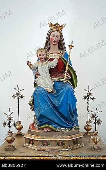 Virgin Mary holding baby Jesus with scepter and crown at the monastery Church of St. Peter and Paul in Weyarn, Upper Bavaria, Bavaria, Germany, Europe.
