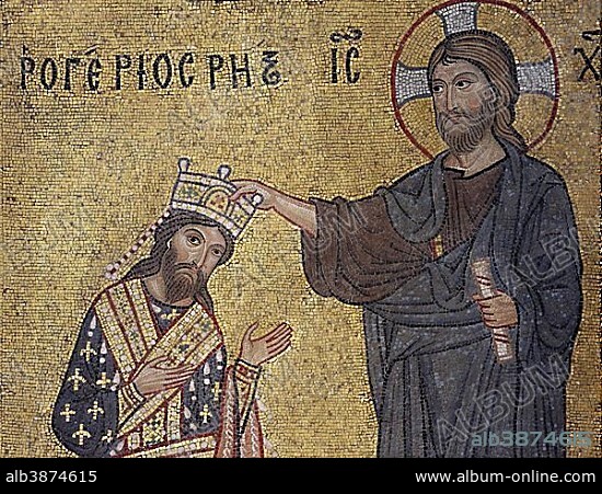 Roger II being crowned by Christ, Byzantine mosaic, La Martorana Church from the Norman period, Palermo, Sicily, Italy, Europe.