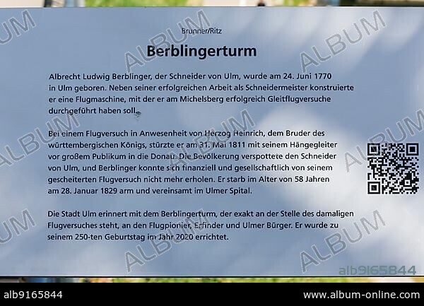 Information board at the Berblinger Tower in honour of the tailor of Ulm, text, Adlerbastei, tourism, history, Ulm, Baden-Württemberg, Germany, Europe.