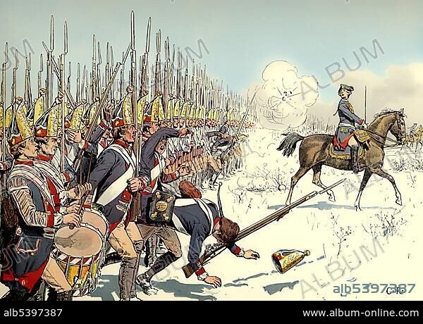 The Battle of Leuthen on 5 December 1757 during the Seven Years' War, Prussian officers with Frederick II or Frederick the Great, 1712 - 1786, King of Prussia and Elector of Brandenburg from the royal house of Hohenzollern, historical painting from the 19th century.