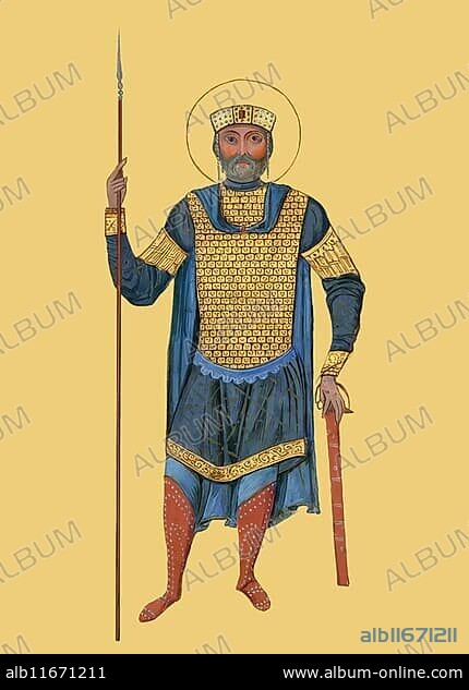 A miniature of Basil II, the Bulgar Slayer, 958 – 1025, Byzantine Emperor, Psalter of Basil II, digitally restored.