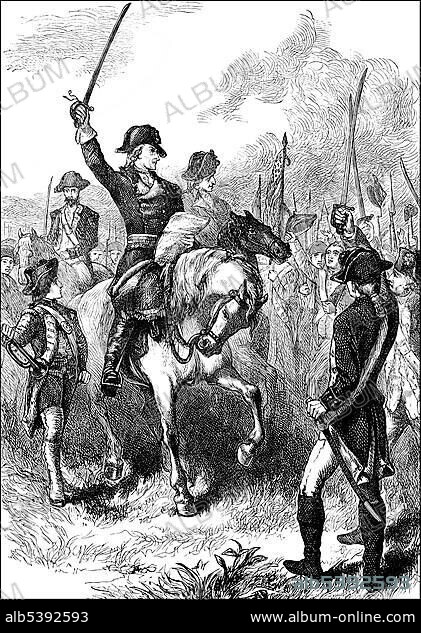 Historical drawing, US-American history, 18th century, the Declaration of Independence of the United States of America also known as The Unanimous Declaration of The Thirteen United States of America, proclamation of the thirteen British colonies in North America to declare independence from Great Britain on 4th July 1776, is being read out to the army.