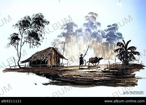 Farmer Ploughing with an Ox, Cottage, Historical Landscape in Southeast Asia, 19th century Lacquer Painting from Laos.