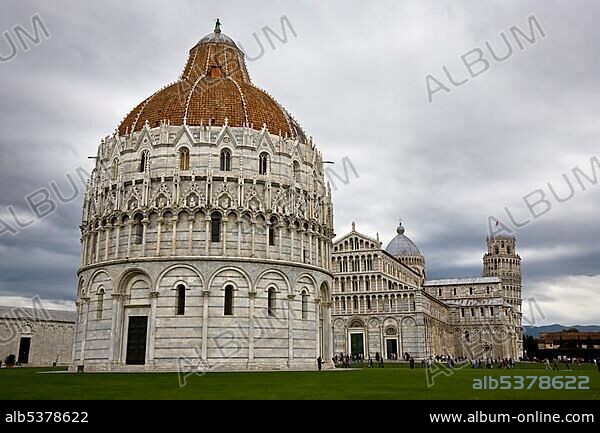 Baptistry Cathedral and Leaning Tower of Pisa Piazza dei Miracoli Pisa Tuscany Italy.