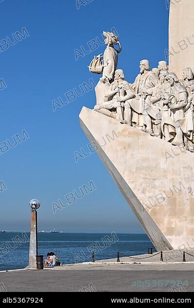 Monument to the Discoveries, Padrao dos Descobrimentos, with great people of the Portuguese seafaring history, on the estuary of the Tagus river, Belem, Lisbon, Portugal, Europe.