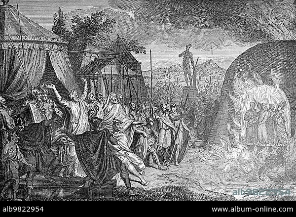 The Three Men in the Furnace of Fire; Old Testament; Bible; crowd; valley of Dura; landscape of Babel; meeting; judges; officials; rulers; king; golden image; worship; furnace; fire; glowing; heat; whitening; statue; mountains; tents; burning; princes; Nebuchadnezzar; historical illustration 1890.