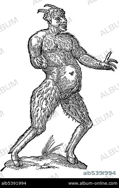 Woodcut, Satyri figura, satyr with goat's legs, hooves and horns, Aldrovandi, Historia Monstrorum, 1642, Renaissance.