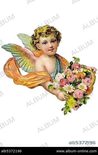 Child boy cupid putto putti wings rose cute virginity religion beliefs kitsch nostalgia romantic sentimental chromos ephemera cutout decorative arts victorian edwardian illustration historic history Titel torso blond children angel basket full of roses 19th century Germany.