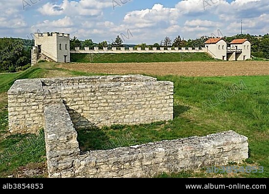 In front western gate, fragment, at the back Porta praetoria, Roman fort Pfünz, Castra Vetoniana or Vetonianae, Roetic Limes, Walting, Eichstätt, Upper Bavaria, Bavaria, Germany, Europe.