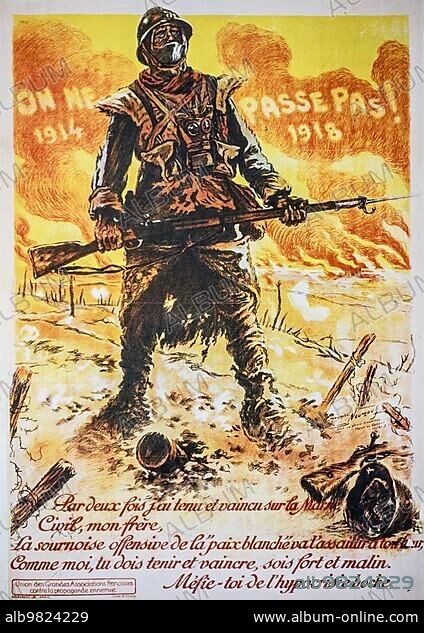 Vintage WWI propaganda poster showing French soldier from the First World War One defending France.