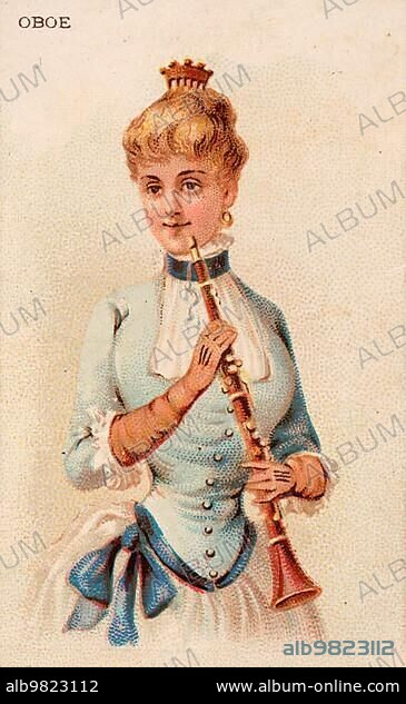 Musical instruments; Woman playing a musical instrument; Oboe; Historical; digital reproduction of a 19th century collector's picture.