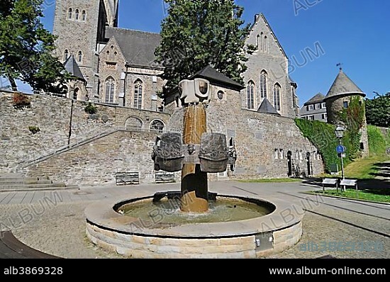 Geschichtsbrunnen fountain, Parish Church of St Martinus, Olpe, Sauerland, North Rhine-Westphalia, Germany, Europe, PublicGround, Europe.