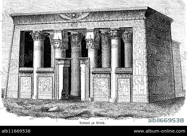 Ancient Egyptian temple at Esneh or Esna, Temple of Khnum, hieroglyphs, decorations, columns, entrance, Egypt, historical illustration 1880, Orient, Africa.
