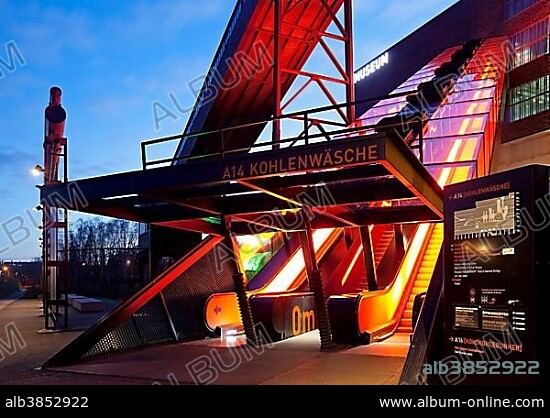 Ruhr Museum, illuminated escalators, Zeche Zollverein, Essen, North Rhine-Westphalia, Germany, Europe.