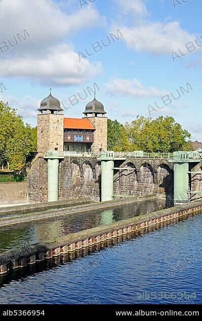 Old shaft lock, Henrichenburg boat lift, Schleusenpark, Waltrop Lock Park, Westphalian Industrial Museum, Route of Industrial Heritage, Dortmund Ems Canal, Waltrop, North Rhine-Westphalia, Germany, Europe.