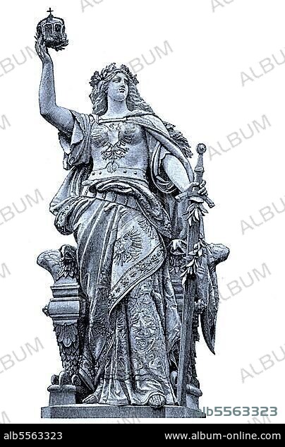 Das Niederwalddenkmal ist ein Denkmal im Niederwald bei Rüdesheim am Rhein in Hessen, die zentrale Figur die 10, 5 Meter hohe Germania-Figur, die rechten Hand die wiegefundene Kaiserkrone und lken Hand Reichsschwert hält, digitale verbesserte Reproduktion ees Origaldrucks von 1880, Deutschland.