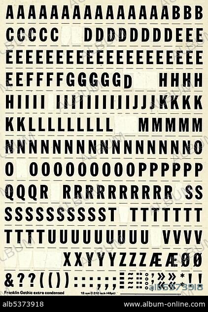 Old sheet of dry transferrable lettering like Letraset from the 20th century with the font Franklin Gothic Extra Condenced.