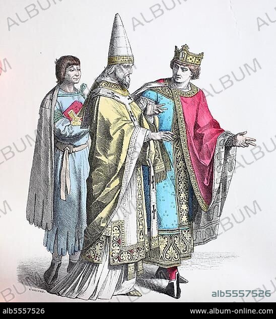 Folk traditional costume, clothing, history of costumes, servant, Roman pope, king, Italy, 12th century, digitally restored reproduction of a 19th century original, exact date unknown, Europe.