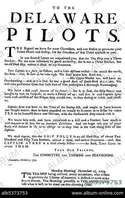 Historical drawing, US-American history, 18th century, the Tea Act of 10 May 1773, calling ship pilots not to help British ships that have tea on board navigate to the ports.
