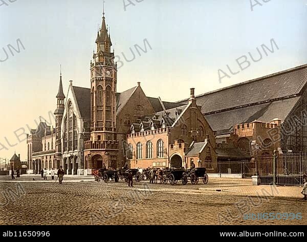 Second railway station (around 1890-1900) of Bruges, Belgium, ca 1895, Historical, digitally restored reproduction from a 19th century original, Record date not stated, Europe.