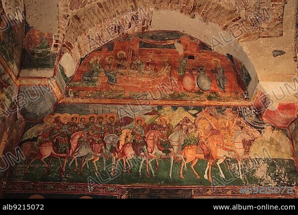 Moldavian Monasteries, The Holy Cross Church of Patrauti near Suceava, built in 1487, is the smallest church of Stephen the Great, votive painting in the interior, Romania, Europe.