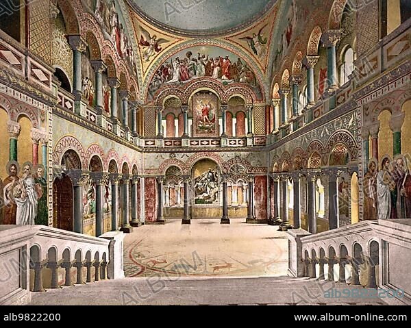The Throne Room; Throne Hall; in Neuschwanstein Castle; Bavaria; Historic; digitally enhanced reproduction of a photochrome print from 1898.