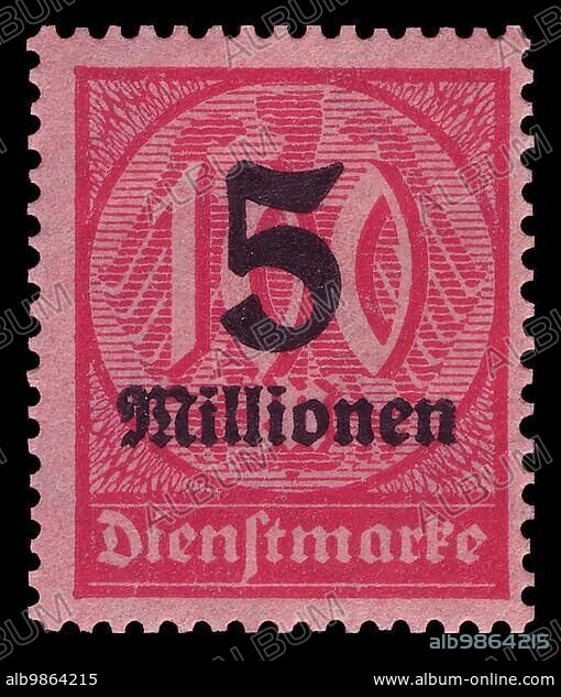 Stamp vintage 1923 of the German Reichspost, German Reich, official stamp, motif value digit, 5 million marks, inflation, historical, digitally restored reproduction.