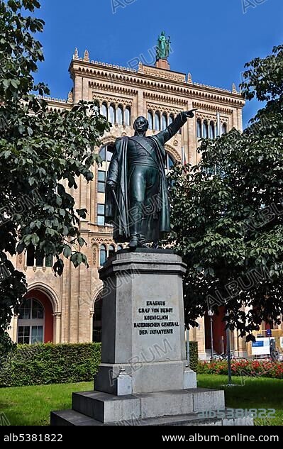 Monument of Erasmus Graf von Deroy in front of the public office building of the government of Upper Bavaria, Maximilianstrasse 39, Munich, Bavaria, Germany, Europe.