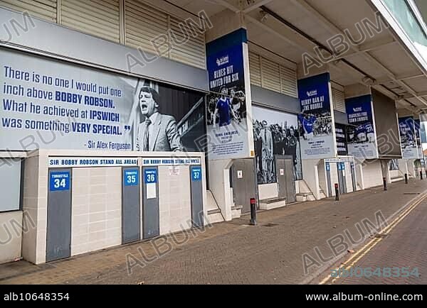 Banners celebrating Ipswich Town football club history, Sir Bobby Robson stand, Portman Road, Ipswich, Suffolk, England, UK.