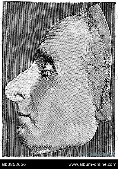 Historical print from the 19th century, the death mask of Blaise Pascal, 1623 - 1662, a French mathematician, physicist, philosopher, writer and Catholic philosopher.