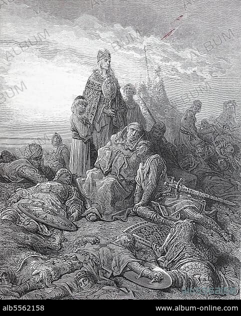 The badly wounded knight confessing next to a priest, Second Crusade, Historic, digital reproduction of an original 19th-century master copy.