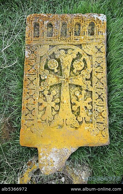 Traditional historic Armenian cross-stone, khachkar, Noratuz cemetery at Sevan Lake, Armenia, Asia.