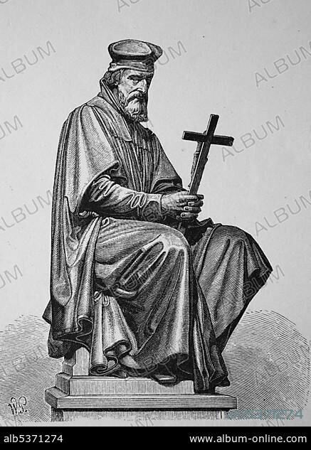 Jan Hus, John Huss, 1369 - 1415, Christian reformer, founder of the Hussite Church, woodcut from 1880.