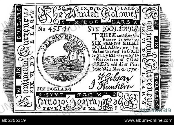 Historical drawing from the U.S. history of the 18th century, a Continental Dollar, first currency of the U.S. which the Continental Congress introduced to finance the war for independence from the British Empire in 1776.