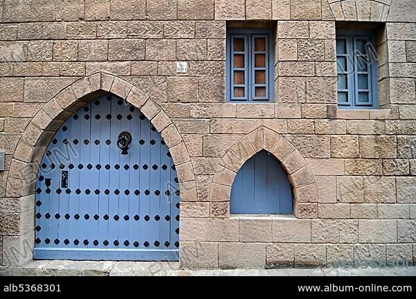 Blue door and windows on a facade, Poble Espanyol, Spanish village, open air museum, Montjuic, Barcelona, Catalonia, Spain, Europe.
