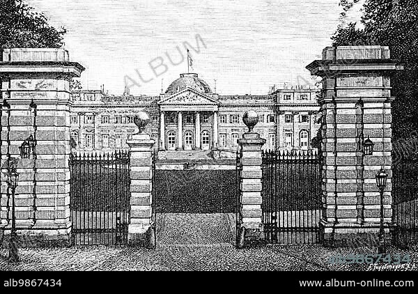 Former Laeken or Laken Castle, Brussels, residence of the Belgian King, capital, front, entrance, gate, lattice, columns, architecture, Belgium, historical illustration c. 1897, Europe.