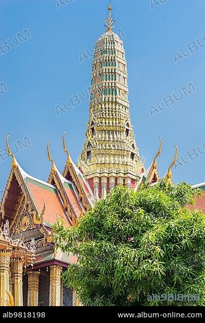 The royal pantheon; Prasat Phra Thep Bidon; inside the famous Buddhist temple and Grand Palace; the Wat Phra Kaeo. Situated in the historic centre of Bangkok; the residence of the king.
