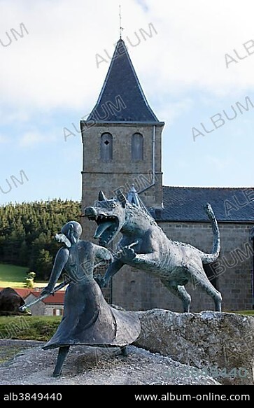 Monument of the Beast of Gévaudan in the village of Auvers, Gévaudan, Haute Loire, Auvergne, France, Europe.