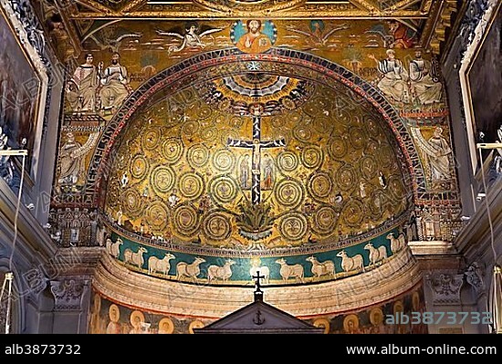 Triumphal arch with the prophets Clemens and Peter, left, and Lawrence and Paul, right, four apocalyptic creatures and Christ above, apse vault with the veneration of the cross as the tree of life, San Clemente, Rome, Lazio, Italy, Europe.
