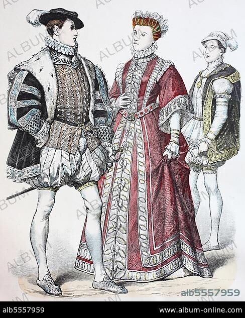Folk traditional costume, clothing, history of costumes, Francis II Elizabeth in bridal suit, Francis II as Dauphin, France, 16th century, digitally restored reproduction of a 19th century original, exact date unknown, Europe.