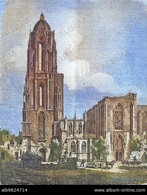 Frankfurt Cathedral after the fire catastrophe of 1869; Frankfurt am Main; Hesse; Germany; historical engraving; ca. 1869; Historical; digitally restored reproduction from a 19th century original; coloured; exact date unknown; Europe.