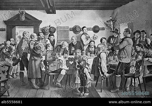 Festrede bei einem Fest bei den Waldbauern in Steyr, um 1880, viele Menschen eem Gasthaus eer Familienfeier, digital restaurierte Reproduktion eer Origalvorlage aus dem 19. Jahrhundert, Österreich.