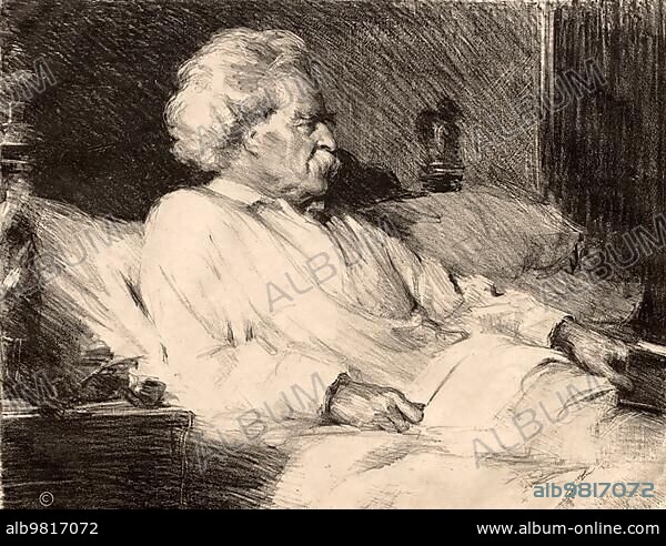 Mark Twain; real name Samuel Langhorne Clemens (30 November 1835 - 21 April 1910); was an American writer; Historical; digitally restored reproduction from an original of the period.