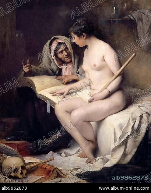The Lesson in front of the Witches' Sabbath, old witch teaches the young witch from a spell book how to fly properly on a broom, painting by Louis Maurice Boutet de Monvel, c. 1900, Historic, digitally restored reproduction from an original of the time.
